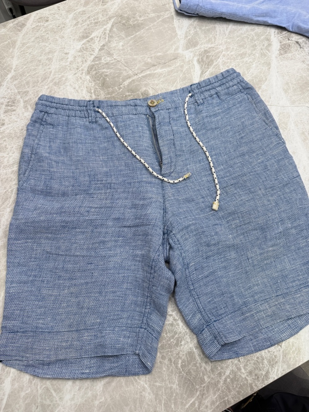 Zara Light Blue Drawstring Linen-Blend Athletic Shorts